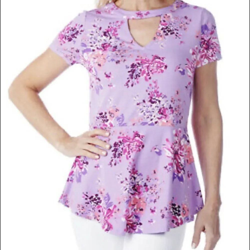 Isaac Mizrahi Live! Keyhole Floral Printed Knit Peplum Top